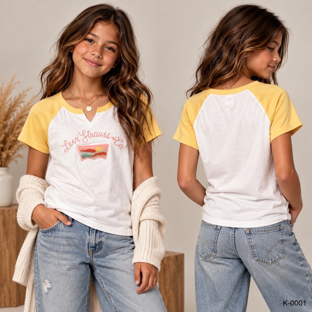 Levi Strauss & Co Girls Raglan Baseball Tee Yellow White Logo Size L 12-13 K-01